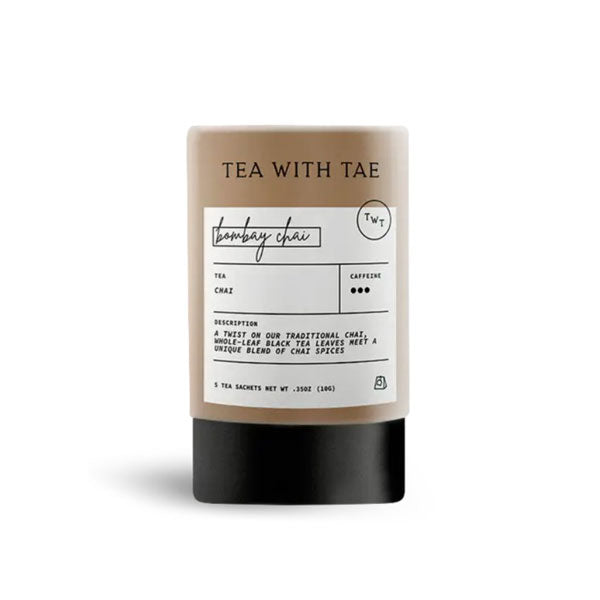 Bombay Chai Tea from tea with tae, shown in its container which is brown with black bottom on a white background. 
