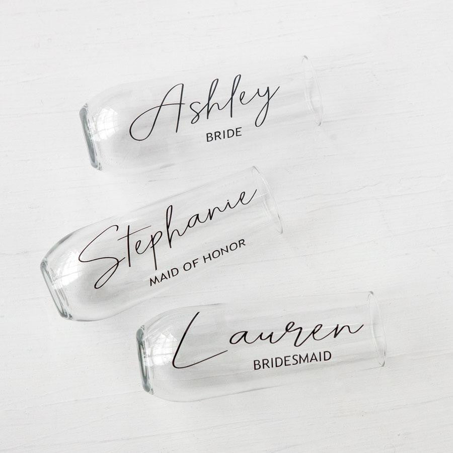 bridesmaid champagne glasses, stemless flutes, personalized bridesmaid gifts, unique bridesmaid proposal ideas, custom bridesmaid gift boxes, bridesmaid proposal ideas, wedding toast glasses