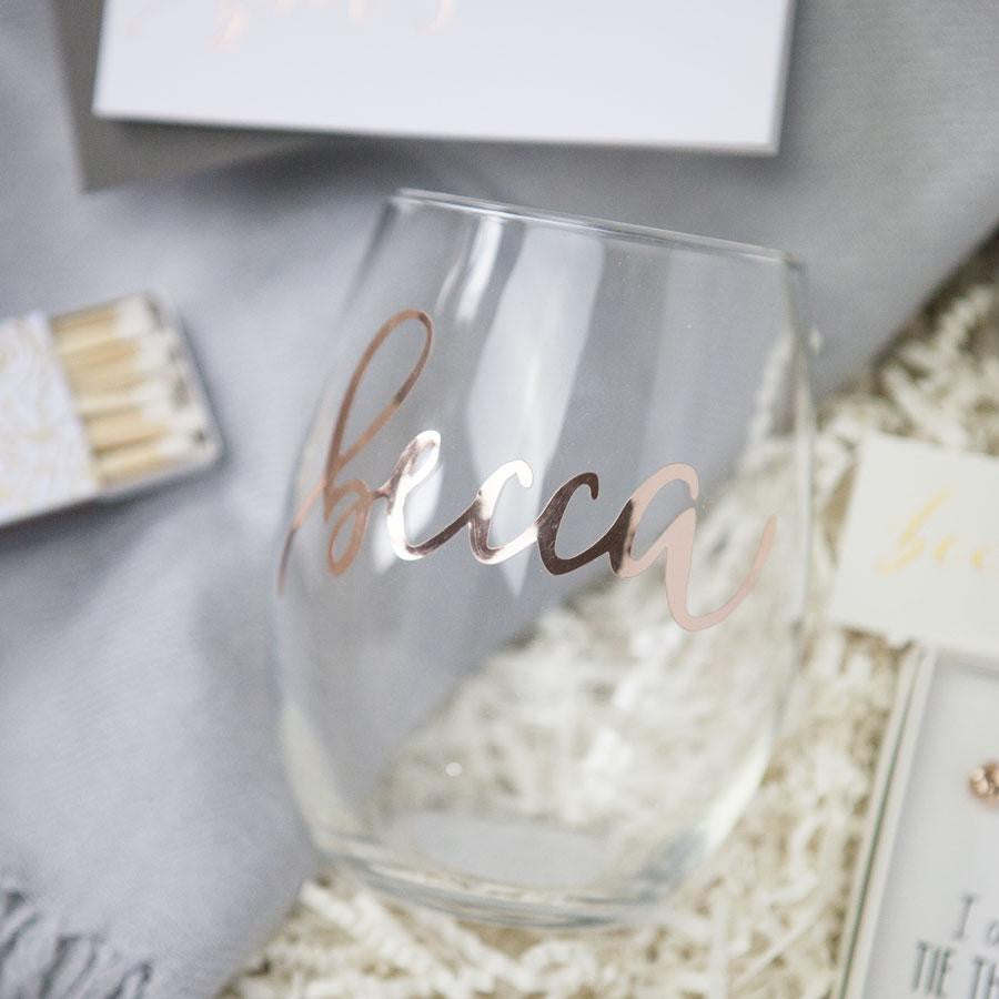 Personalized wine glass, reads "becca" in rose gold script