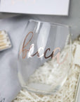 Personalized wine glass, reads "becca" in rose gold script