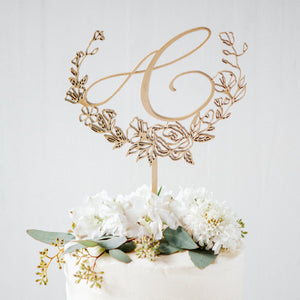 monogram cake toppers, personalized wedding cakes, statement cake toppers, laser cut topper, calligraphy initial cake toppers, floral cake topper