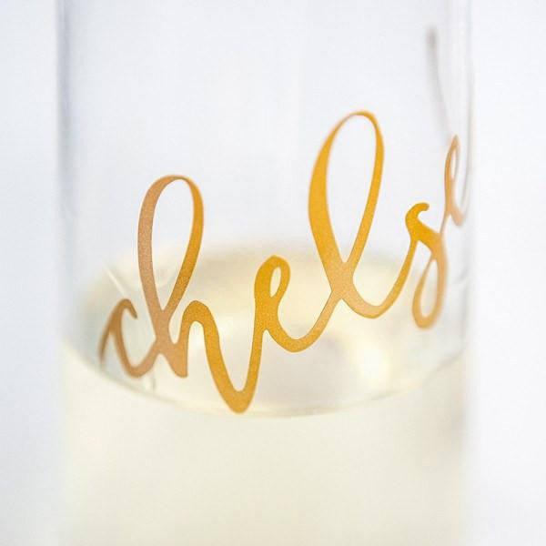 Champagne Flute - Personalized Stemless Flute with gold script name Chelsea. 