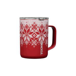 16 oz, Red Fairisle stainless steel coffee mug, clear lid, gray "corkcicle" text on side.