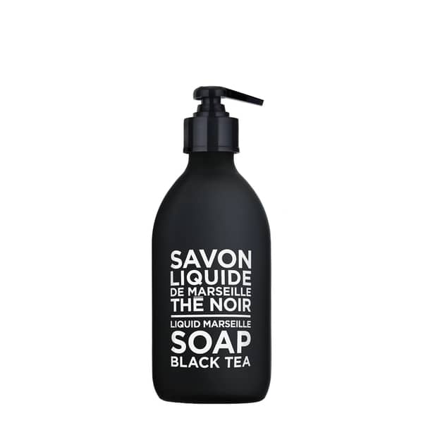Black lacquered glass pump-bottle, 10 fl. oz., white text
