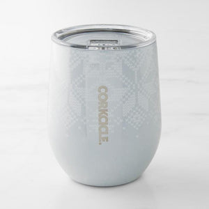 12 oz, Fairisle Unicorn stemless tumbler, snow graphic, clear lid, light "corkcicle" text on side.