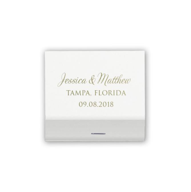 Custom wedding matchbook in natural white and brushed gold shown on a white background. Personalized with Jessica & Matthew, Tampa, Florida 09-08-2018
