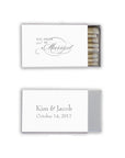Eat, drink and be married matchbox featured front and back in chroma white with matte grey lettering. Front Eat, drink and be married and back, Kim & Jacob October 14, 2017