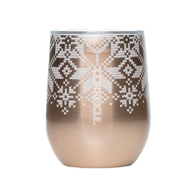 12 oz, Gold Fairisle stemless tumbler, white snowflake graphic, clear lid,  white "corkcicle" text on side.