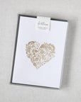 Flora-Heart card box set, a simple yet elegant card, featuring a heart-shaped floral design rendered in gold foil, centered on a crisp white background.