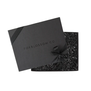 All black 'Foxblossom' box, black ribbon, black filling inside box, 'regular' size