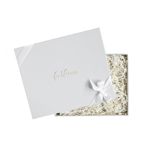 All grey 'Foxblossom' box, white ribbon, ivory filling inside box, 'regular' size