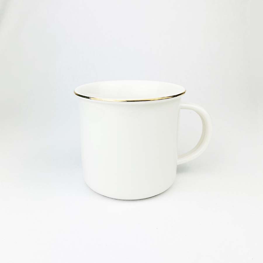 12 oz white ceramic mug with gold rim