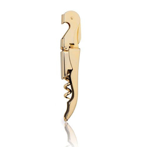 Gold plated corkscrew on white background