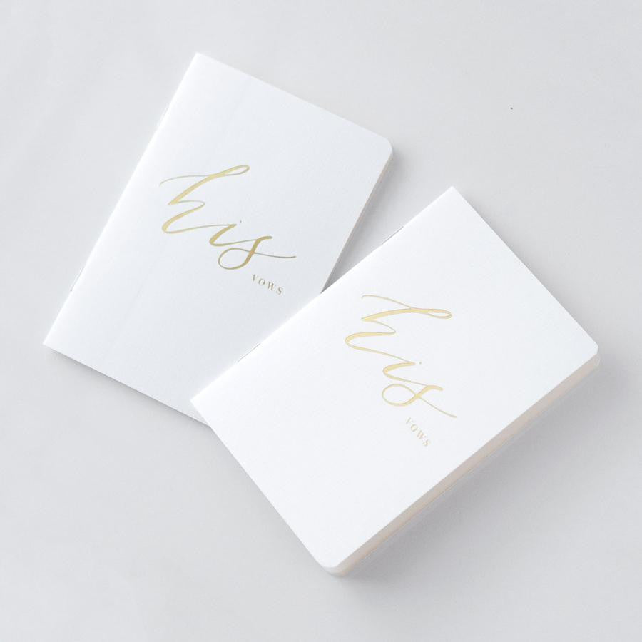 His and his vow books, white linen cover, metallic gold foil stamping, rounded corners, saddle stitch binding, featured on a white background.