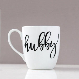 White ceramic mug, 15 oz , "hubby" in black script font