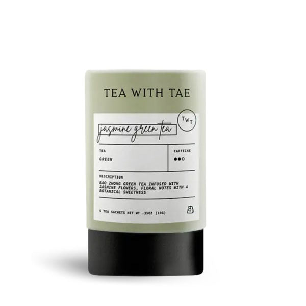 Jasmine Green Tea from tea with tae, in light green container with white label and title in black letters.
