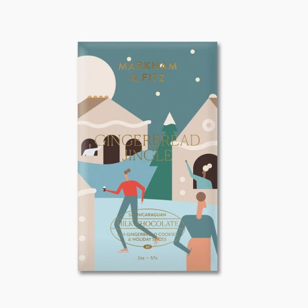 Gingerbread Jingle by Markham & Fitz, Milk chocolate bar wrapped in a christmas gingerbread picture with gold letters. 