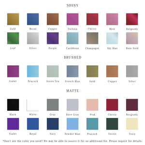 Assorted color swatches with Shiny, Brushed, or Matte options