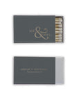 Linen slate custom matchboxes, personalized in brushed gold foil, one with Mr & Mrs, and the other one Leslie + Michael Richardson. 