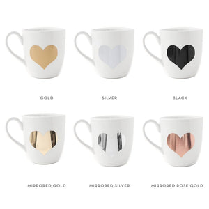 White ceramic mugs, 15 oz each, color options represented as a heart: gold, silver, black, mirrored gold, mirrored silver, and mirrored rose gold.