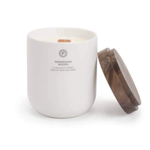 white ceramic candle with wood lid in norwegian woods scent shown with jar off and wood wick exposed