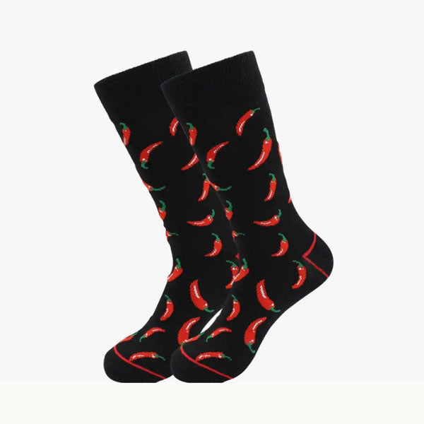 Black socks with red peppers with green stem. 