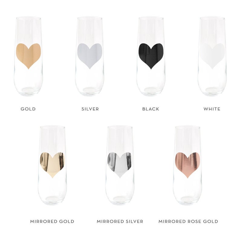 Personalized bridal party stemless flute color chart displayed with the color options over the transparent flute in heart shapes.