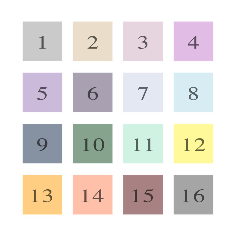 Color  chart options displayed in squares and numbers in each square. 