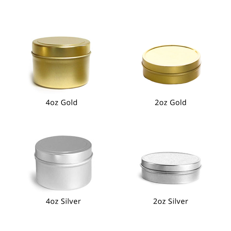 Tin Chart for Addison personalized wedding favor, Gold and silver in 2 oz and 4 oz formats, featured on a white background.