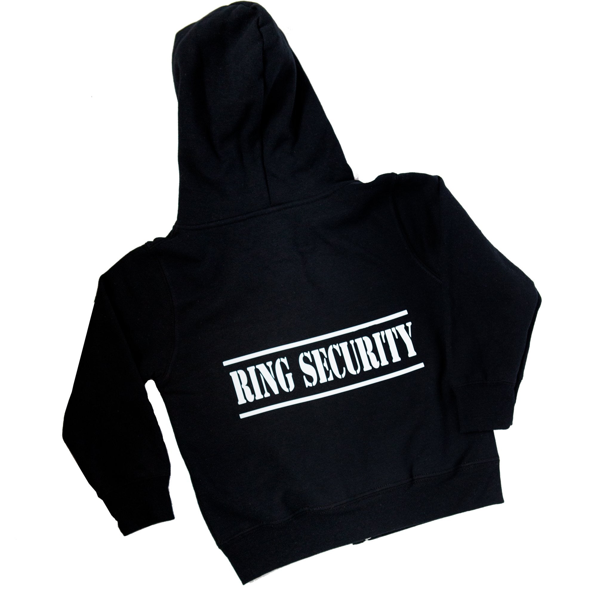 The back of a Ring Bearer Hoodie in black  with the word Ring Security on the back on a white background