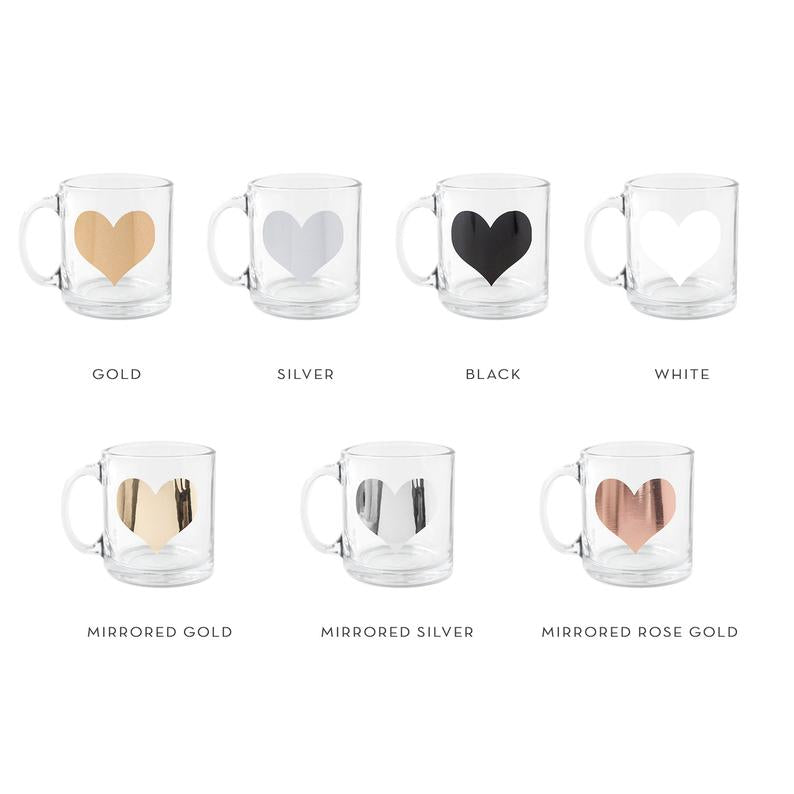 Clear coffee mugs personalized with hearts of different colors to show the different color options, colors: 