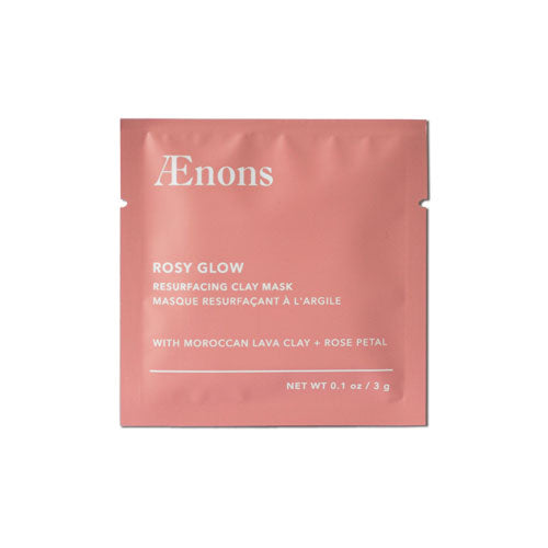 aenons brand face mask in pink packaging with white writing. Aenons rosy glow resurfacing clay mask shown individually