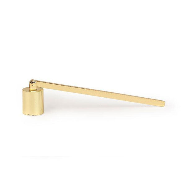 Gold plated candle snuffer with hinged top.