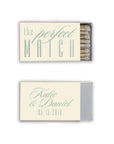 Our Perfect Match matchbox wedding favors are foil stamped, double sided and personalized with The perfect match and on the other sie Katie & Daniel 05-15-2018 in matte ivory with brushed green tea lettering on a white background.  