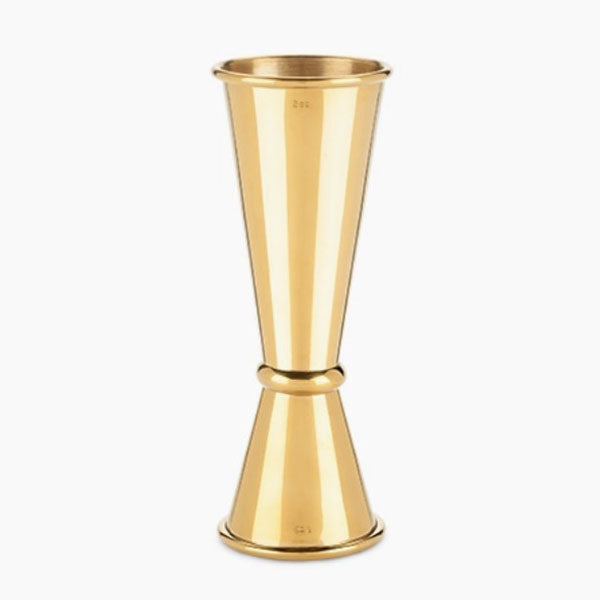 Gold elongated hourglass style jigger featured.