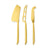 A Gold cleaver cheese knife next to a gold perforated, fork tipped cheese knife next to a fork tip spear cheese knife