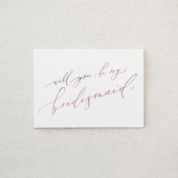Will you be my bridesmaid greeting card is featured. 