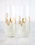 his and hers stemless gold champagne flutes, couples gifts, wedding gifts, engagement gifts, bridal shower gifts, unique couples gift ideas