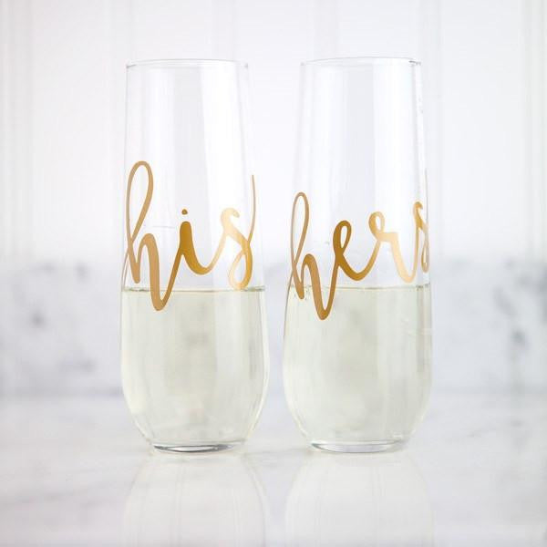his and hers stemless gold champagne flutes, couples gifts, wedding gifts, engagement gifts, bridal shower gifts, unique couples gift ideas