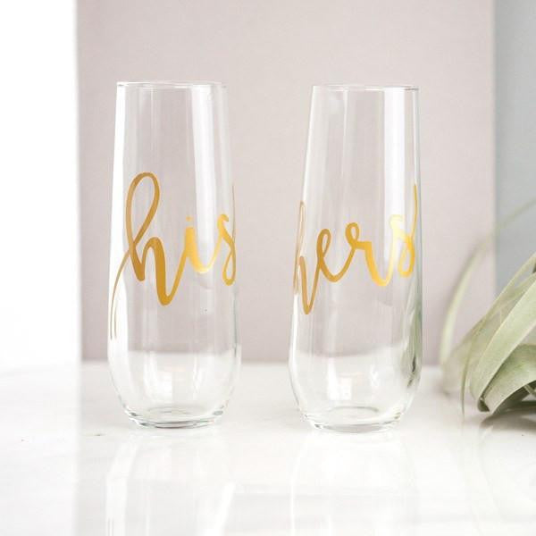 his and hers stemless gold champagne flutes, couples gifts, wedding gifts, custom gift boxes, build a gift box