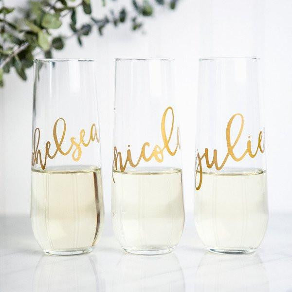 Bride & Names Stemless Champagne Flute, Bachelorette Party Glasses