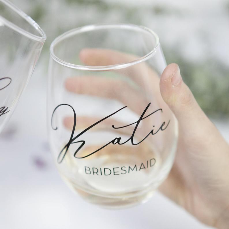 personalized bridesmaid stemless wine glasses — foxblossom