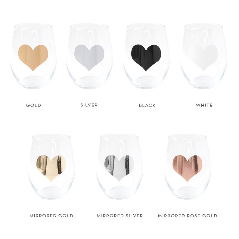 stemless wine glasses with heart decals in various colors and finishes — foxblossom