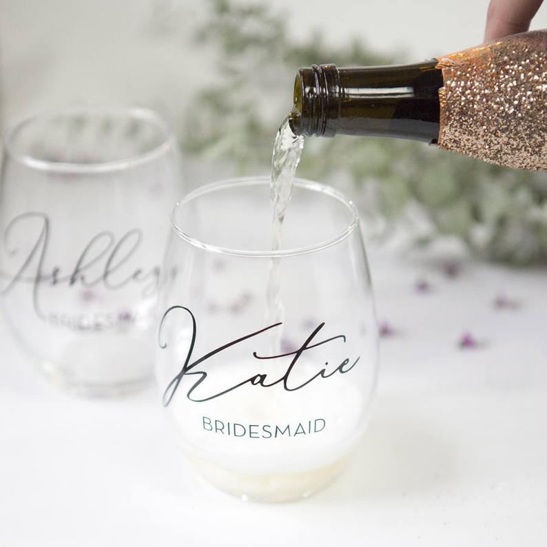 personalized bridesmaid stemless wine glasses — foxblossom