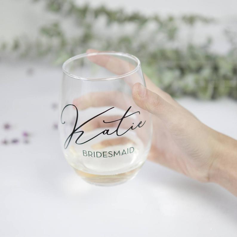 personalized bridesmaid stemless wine glasses — foxblossom