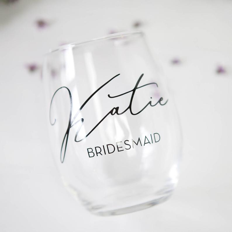 personalized bridesmaid stemless wine glasses — foxblossom