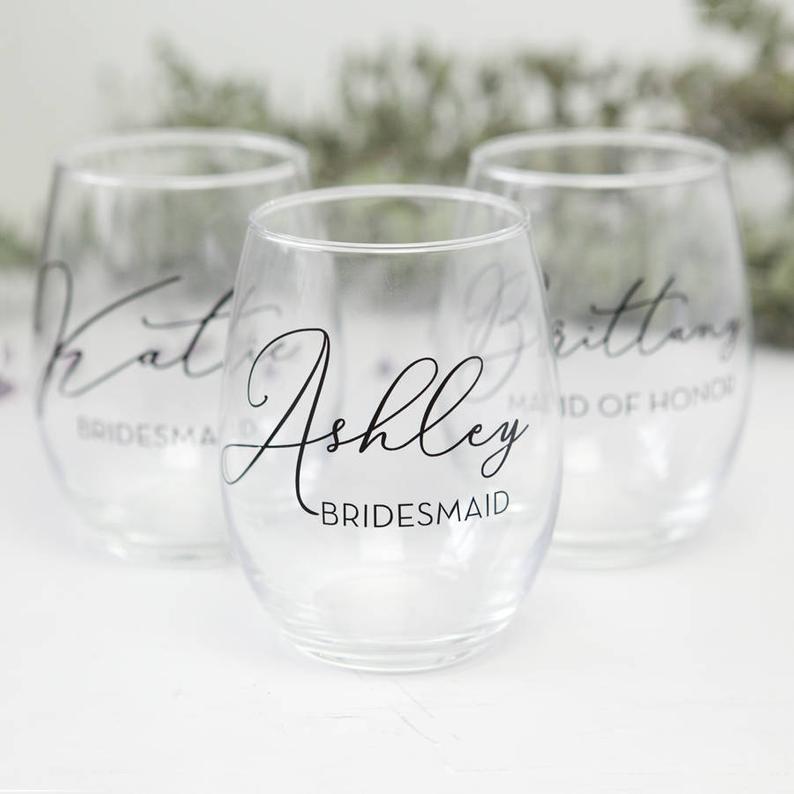 personalized bridesmaid stemless wine glasses — foxblossom