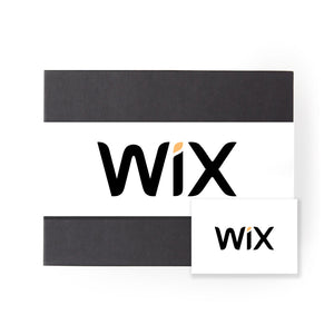 A black 'foxblossom' box with a white 'wix' belly band, and a white card with the same 'wix' graphic printed on front.