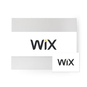 Gray 'foxblossom' box with a white 'wix' belly band, and a white post card with the same 'wix' graphic printed on.